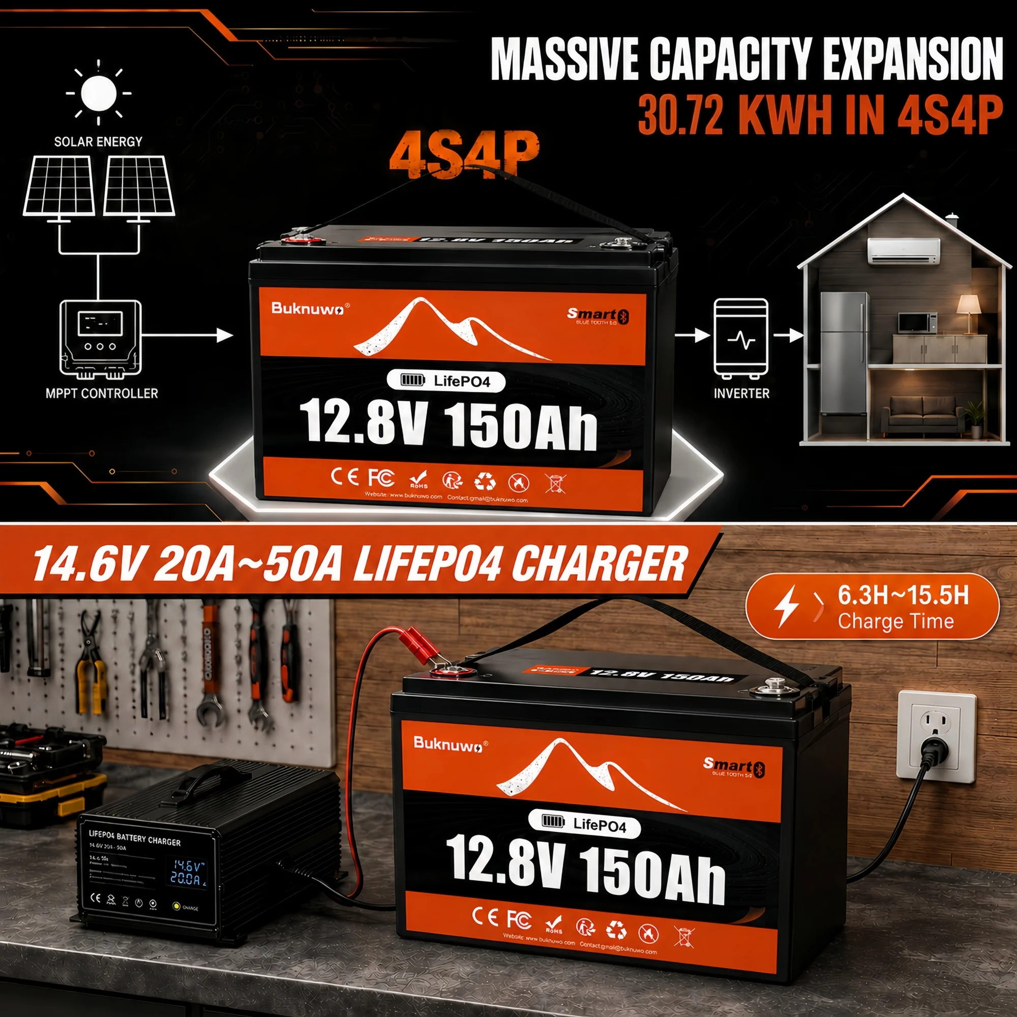 Buknuwo 12V/12.8V 150Ah LiFePO4 Lithium Battery Buletooth Power Energy Storage Battery, Built-in 100A BMS Grade A Cells, Low-Temp Protection, Capable Of Over 5000 Cycles Support Series/Parallel Battery For Solar, RV, Marine, Off-Grid Application,Camp view 5