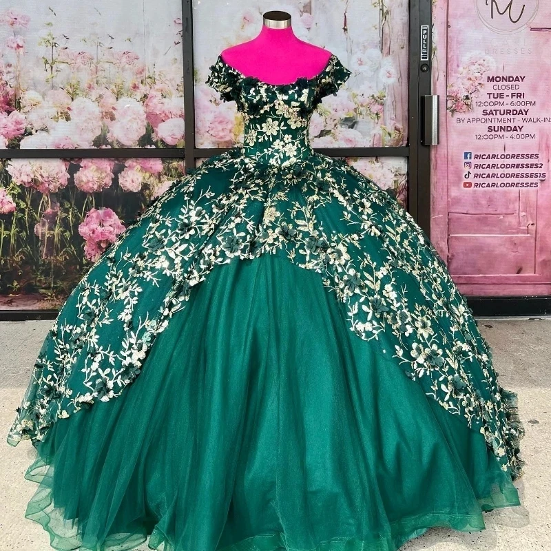 

Green Shiny Princess Quinceanera Dresses Princess Gold applique 3D Flowers Ball Gown Birthday Gown Tulle Sweet 16 Dresses vestid