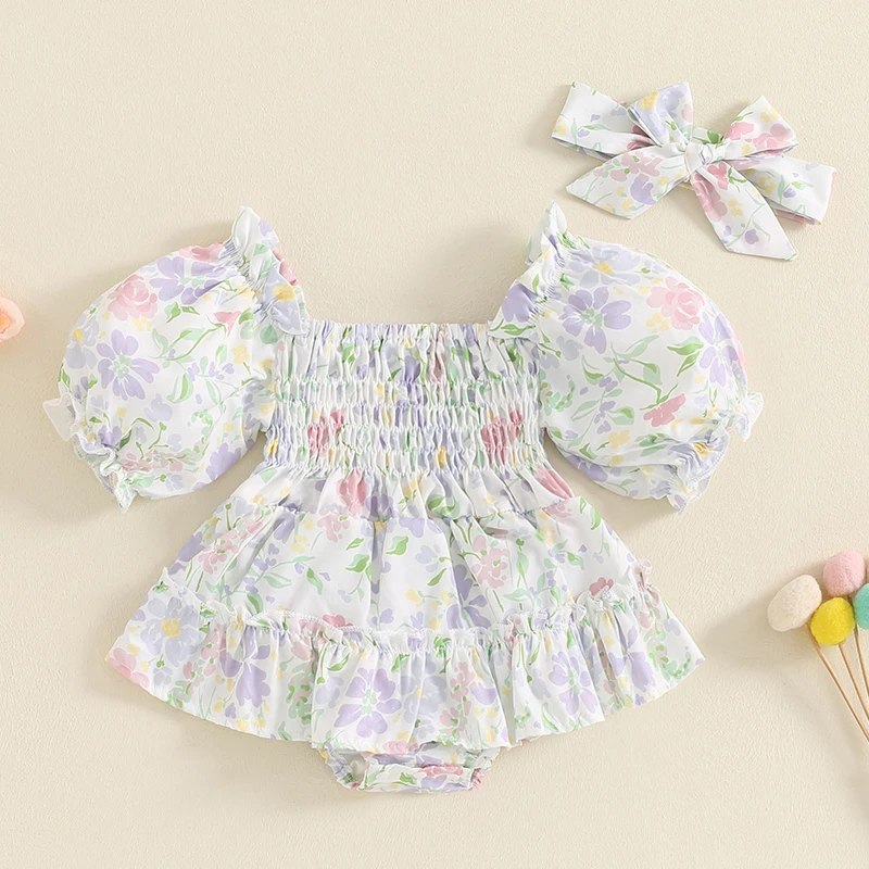 

Tregren 0-18Months Newborn Baby Girls Floral Romper Dress Short Puff Sleeve Shirred Jumpsuit with Bow Headband Summer Bodysuits