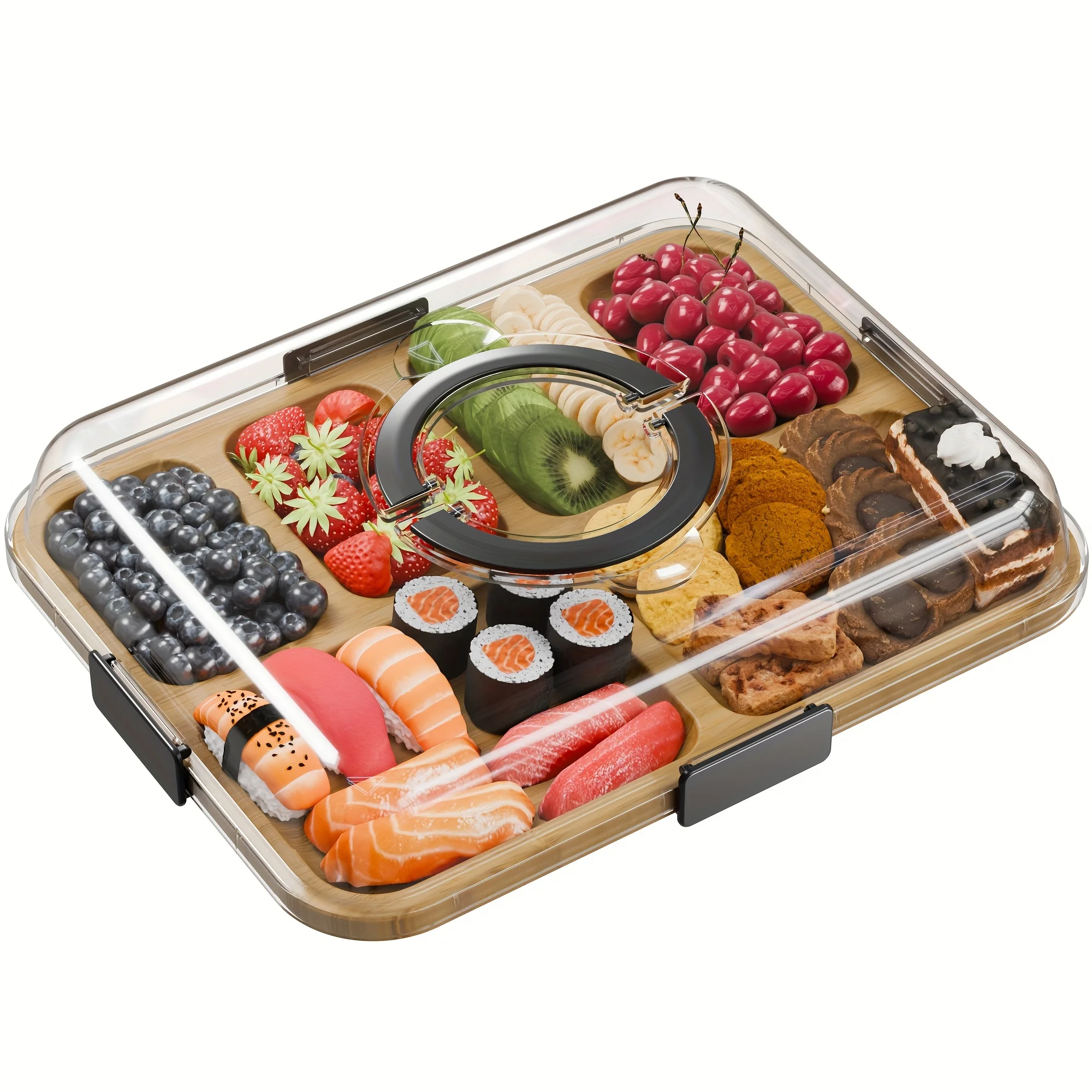 

Veggie Tray with Lid and Handle, Divided Serving Tray, Snack Spinner, Portable Snackle Boxs for Candy Fruits Nuts, Clear Fridge