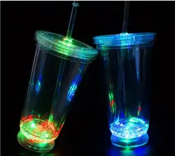 450ML With Lights Double Walled Plastic Cold Drink Juice Smoothie Tumbler Mug Cup With Straw Reusable Travel Water Bottle Iced