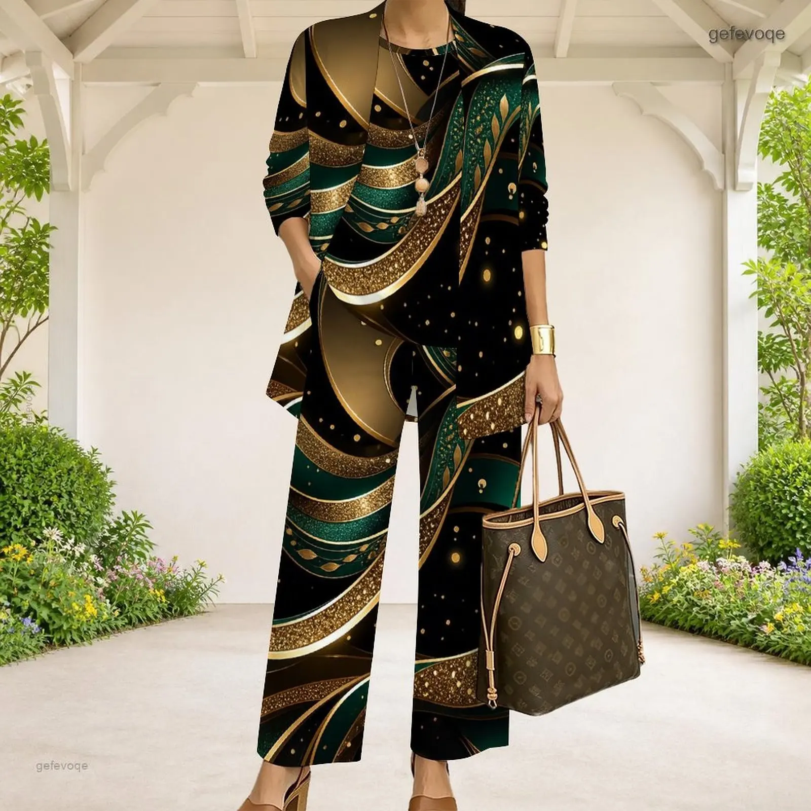 Conjunto de pantalones de tres piezas con estampado abstracto en negro, verde oscuro y dorado, para mujer: cárdigan de manga 3/4, top sin mangas y pantalones largos.