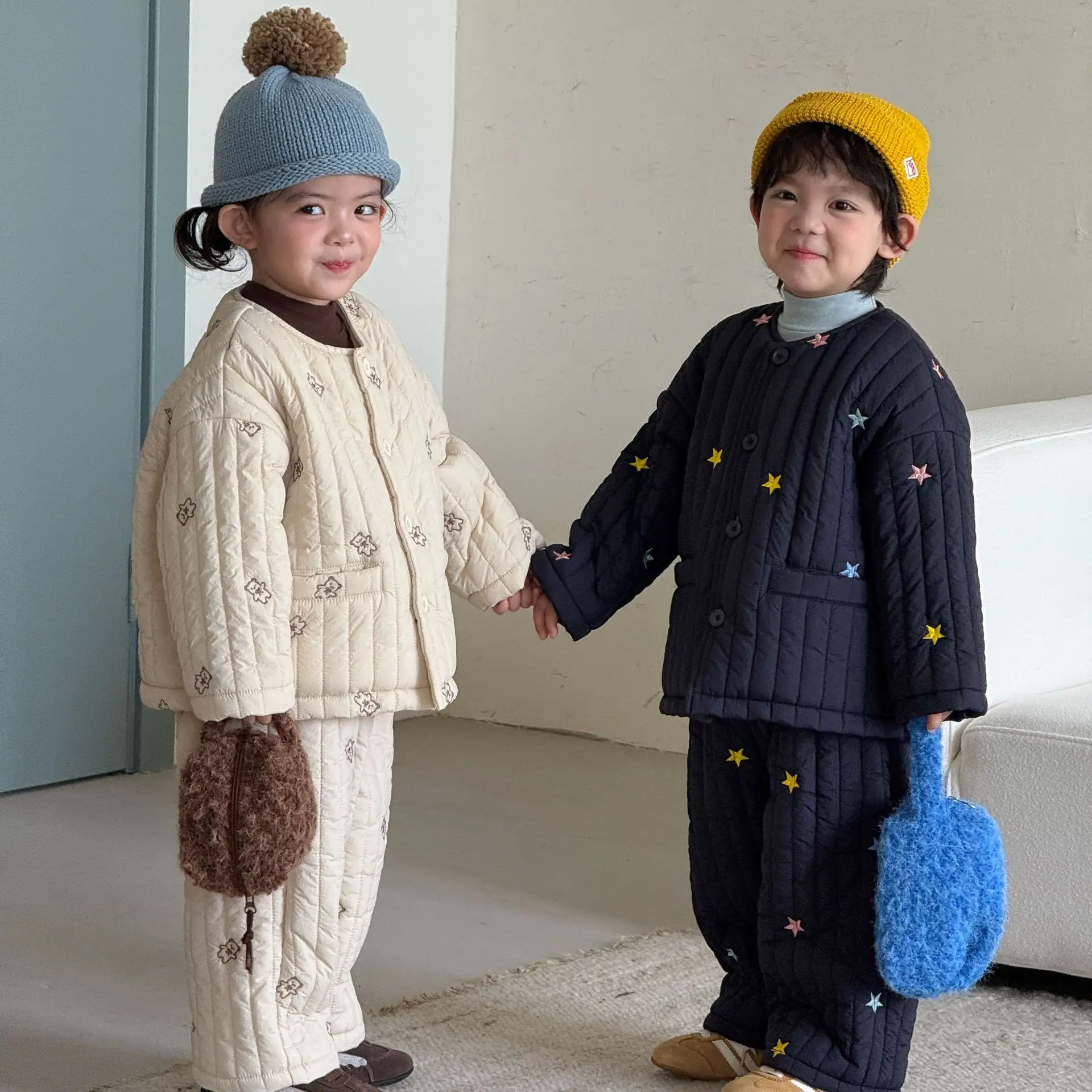 Children's Sets Plush Winter Embroidered Boys and Girls Children's Clothing New Velvet Baby Cotton Clothes Jacket Pants 2Pcs Set