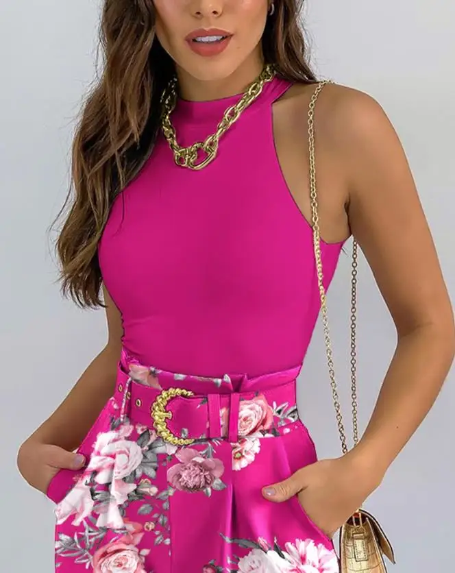 Women Fashion Summer Two Piece Set 2024 Sleeveless Vest Plain Tank Top & Slim Fit High Waist Floral Print Shorts Set with Belt