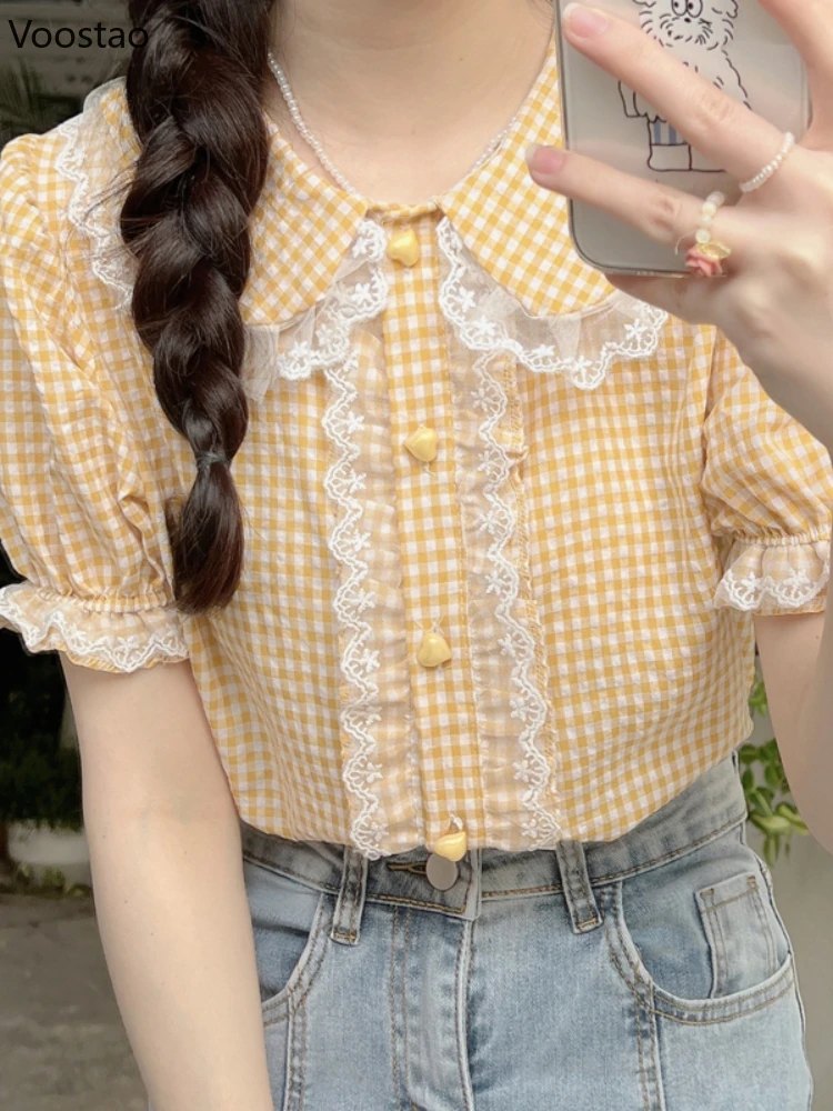 Sweet Lolita Style Plaid Blouses M-2XL Women Kawaii Lace Embroidery Ruffles Short Sleeve JK Shirts Girly Cute Y2k Blusas Mujer