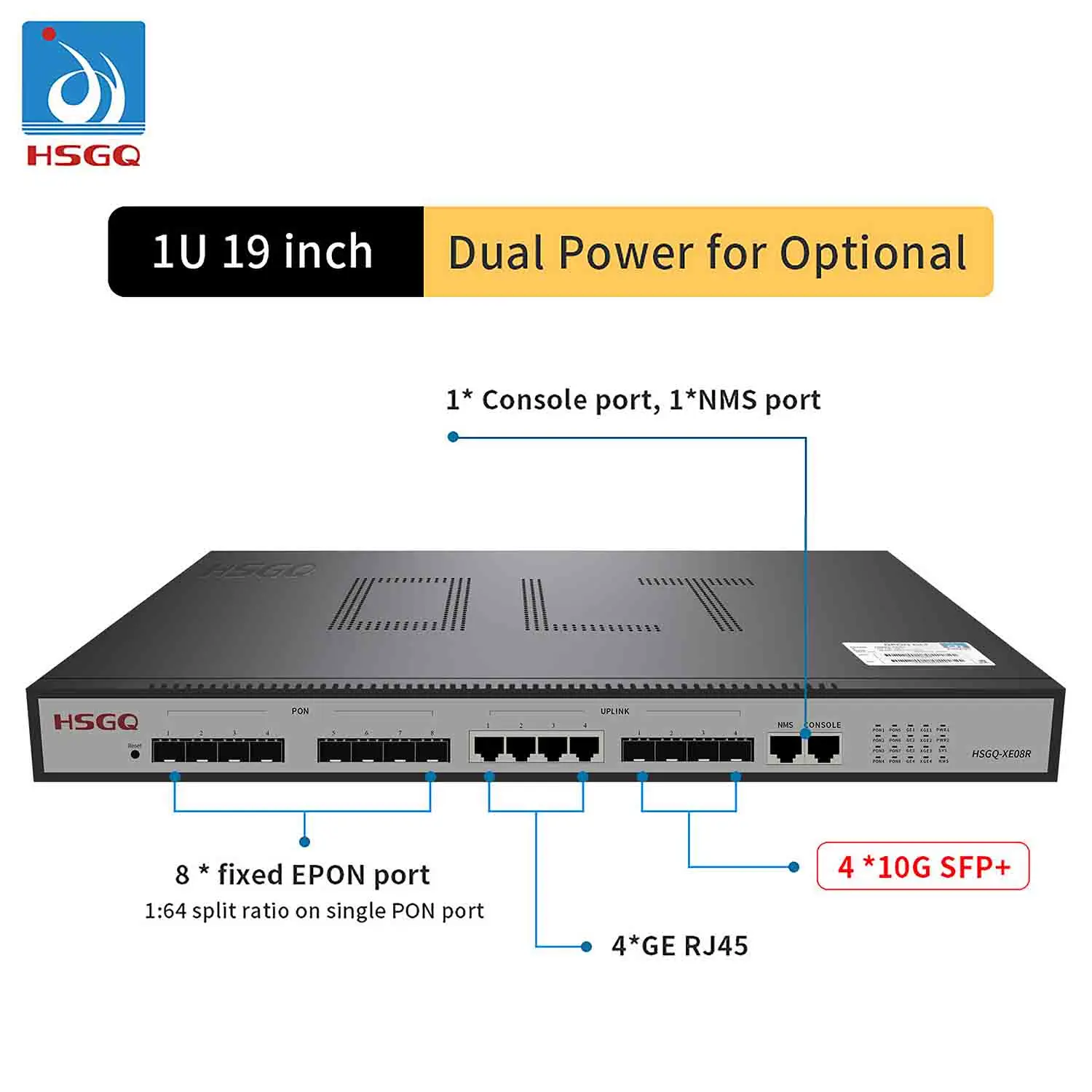 

HSGQ-E08R, HSGQ-XE08R, 8 PON Ports EPON OLT, 4 GE copper RJ45 ethernet ports, 4 SFP 10GE optical uplink ports, 8 EPON OLT