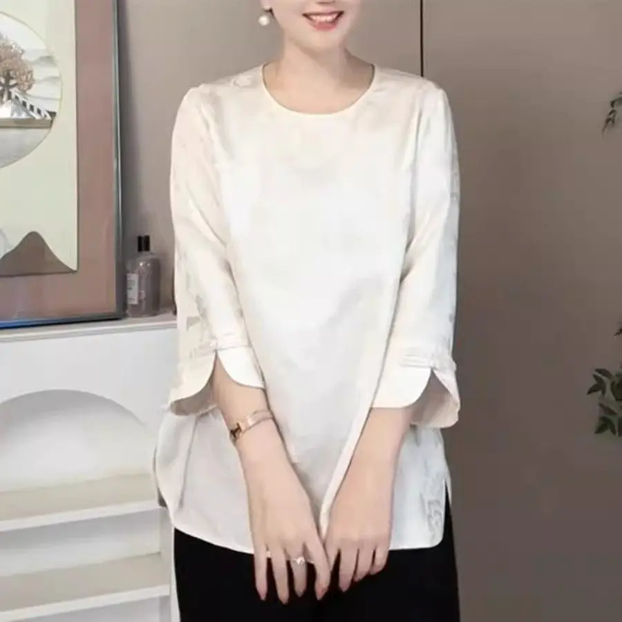 

Новая китайская свободная блузка с цветочной вышивкой для женщин, весенне-летняя модная утягивающая блузка с рукавом три четверти