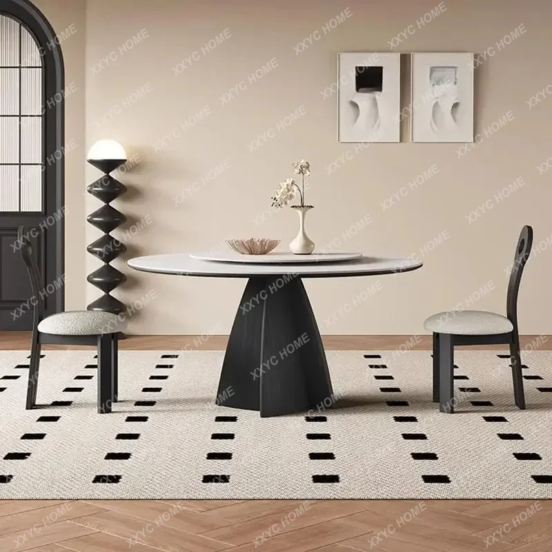 

L Pure White Modern Simplicity With Turntable High-end Sense Large And Small Apartment Fixed Rock Slab Dining Table