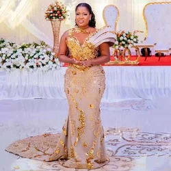 Plus Size African Mermaid Prom Dresses with Sheer Neck Gold Sequined Appliques Sparkly Aso Ebi Evening Dress African Formal Gown