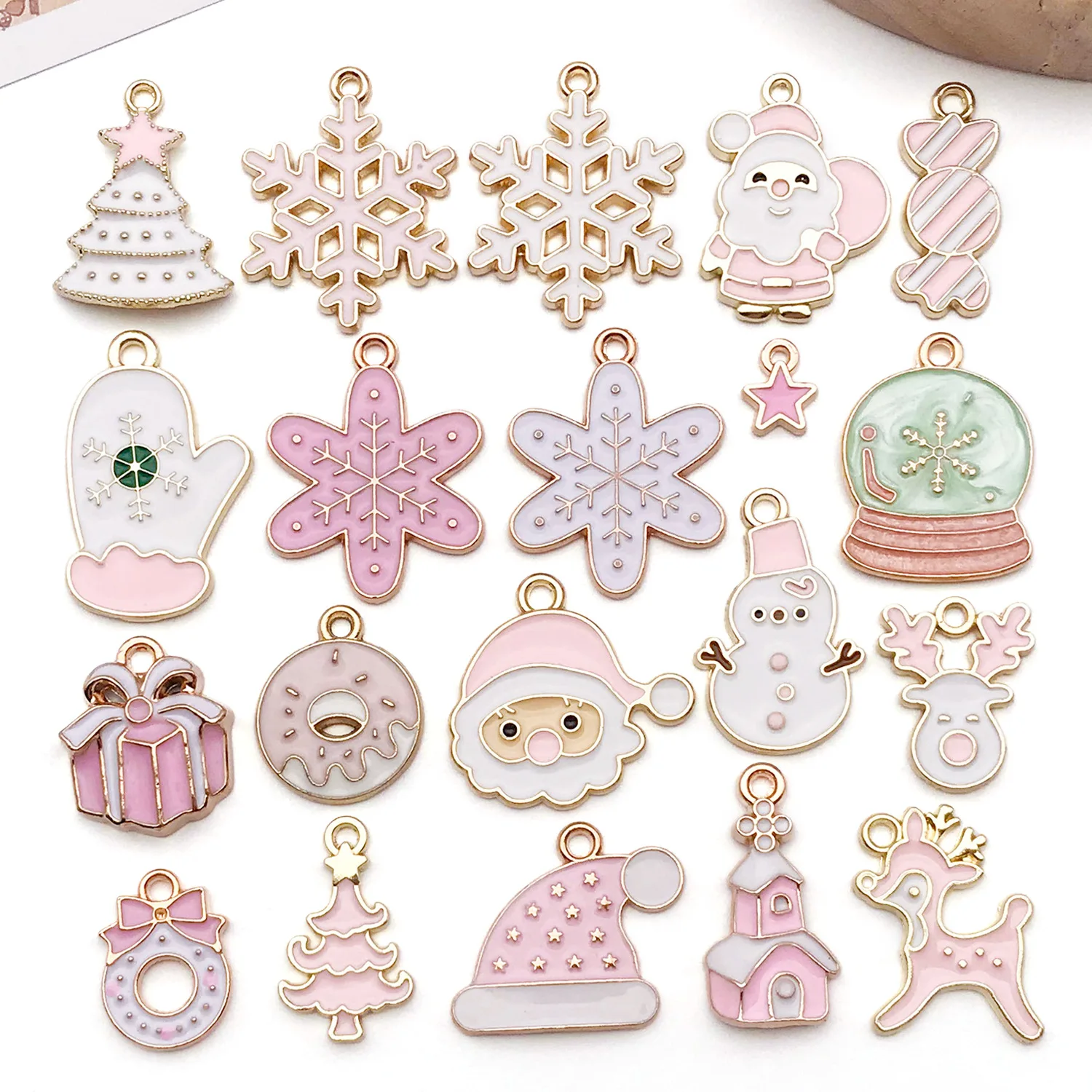 20PCS Pink Santa Snowflake Christmas Day Charms For Jewelry Making DIY Necklace Earrings Pendant Handmade Gift Accessories