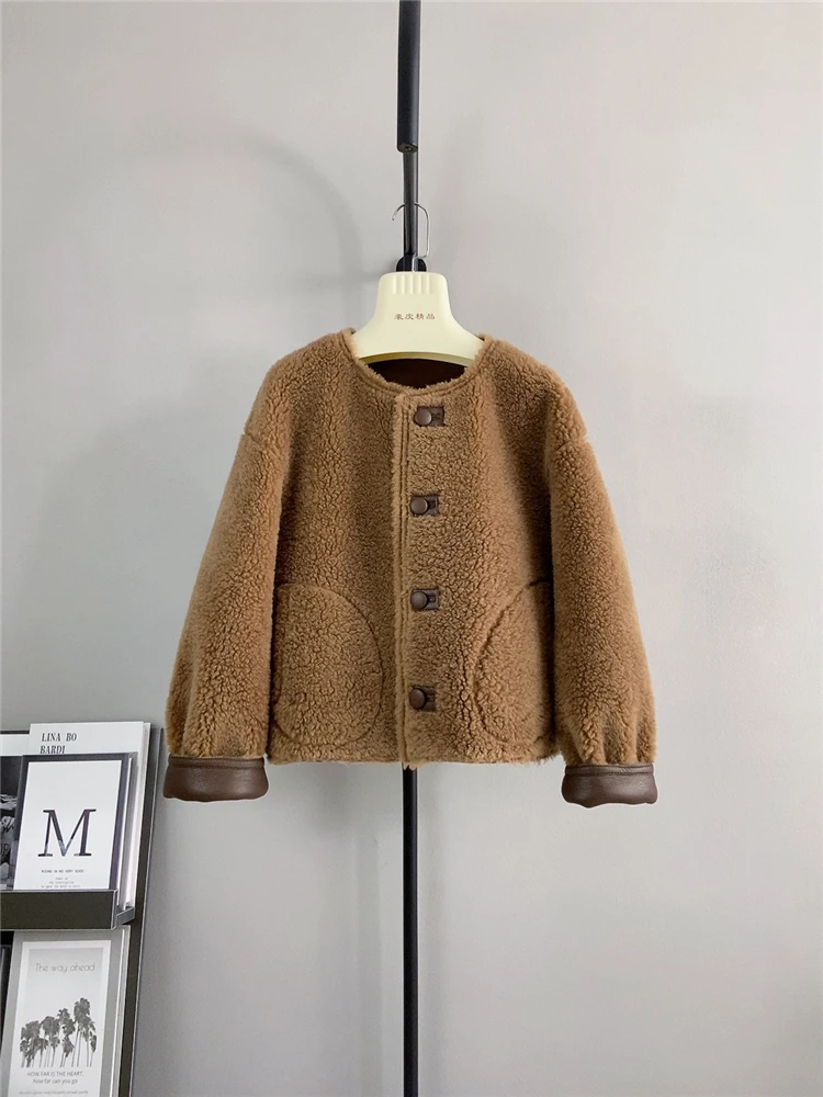 Sheep shearing flannel double-sided wearing large grain wool short style antique coat lamb wool coat small temperament Haining