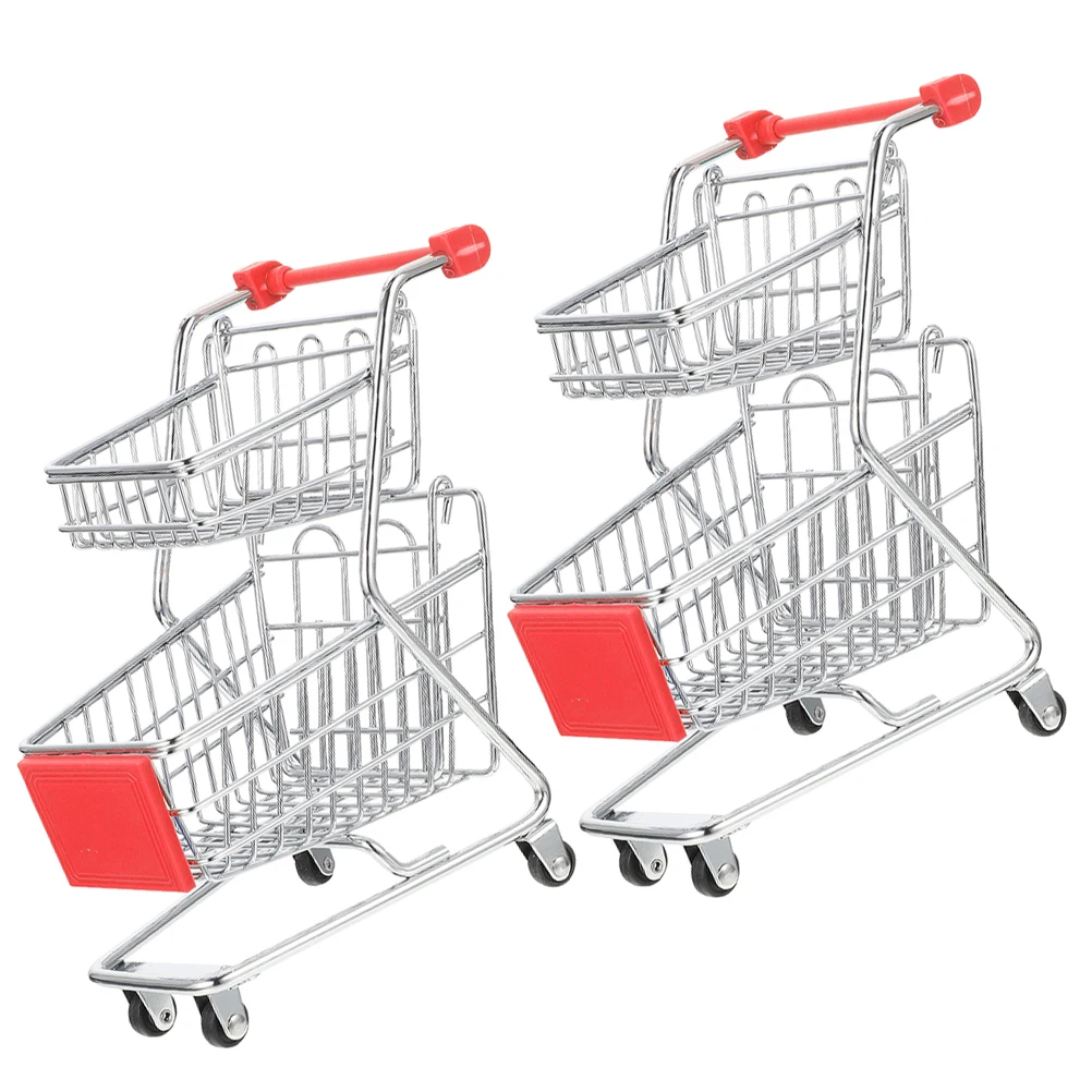 

2 Pcs Mini Shopping Miniature Small Toy Foldable Grocery with Wheels Wrought Iron Metal Child Hand Trolley