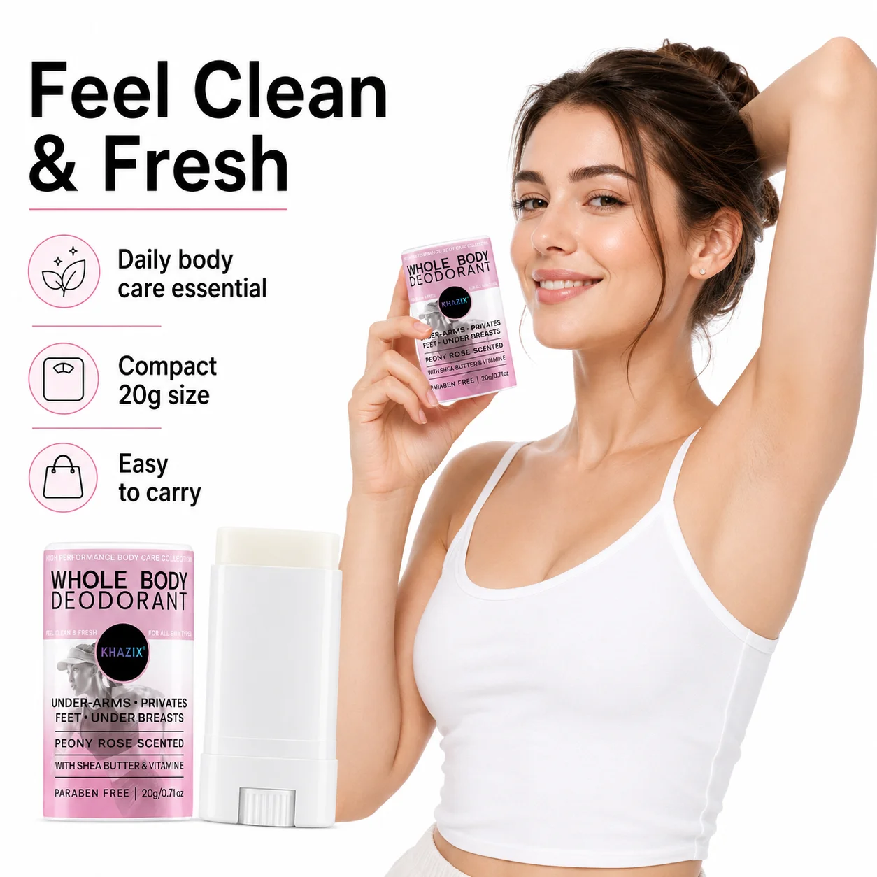 Whole Body Deodorant Stick, Peony Rose Scent with Shea Butter & Vitamin E, for Underarms, Feet and Daily Freshness