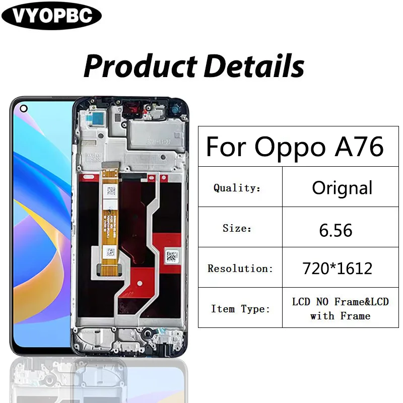 Display For Oppo A76 Full With Frame LCD CPH2375 Touch Screen Digitizer Assembly Screen Replacement Repair Part 6.56\