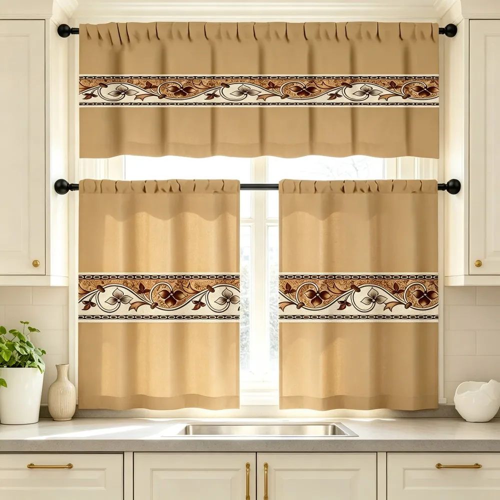 Vintage Kitchen Curtains, Brown Floral Stripe, Digital Print, Kitchen Dining Room Cafe, Rod Pocket Polyester, Home Decor