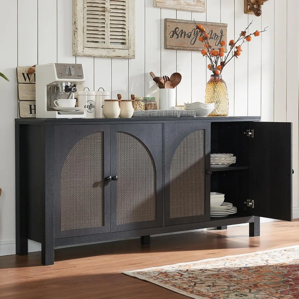 Sideboard Buffet Cabinet with Storage, 60inch Kitchen Buffet Table with Soft Closing Door Hinges, Rattan Coffee Bar Cabinet