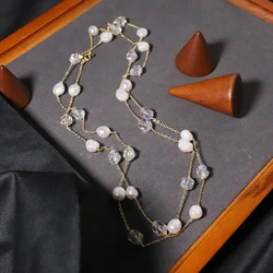 Natural Freshwater Pearl Crystal Chain Sweater Chain Korean Style Women Luxury Jewelry Fashion Ladies and Girls Gift GN0665