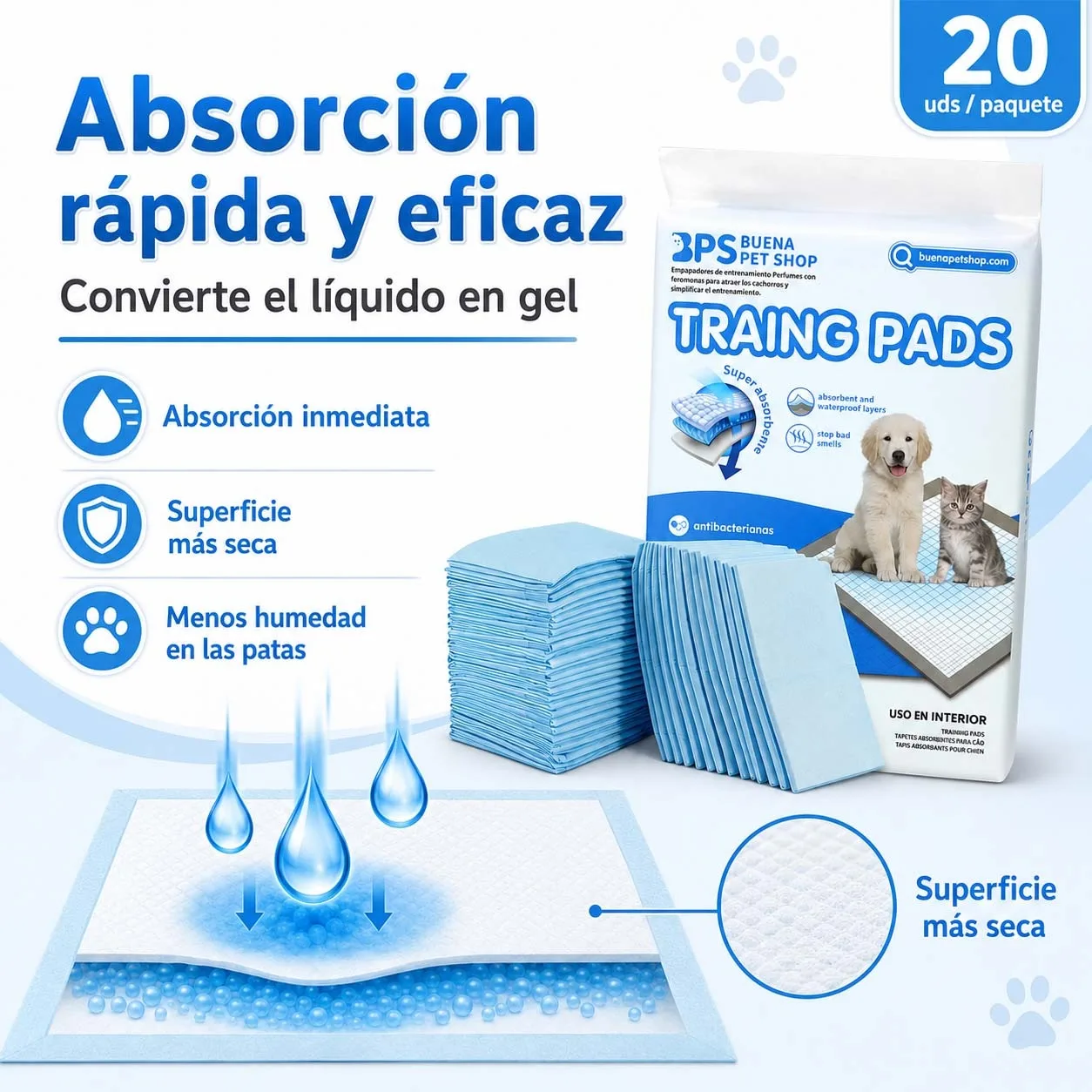 Tapis d'entraînement pour chiens et chats 60x90cm, 20 unités, tapis absorbants avec 5 couches de protection, contrôle des odeurs et base imperméable pour animaux de compagnie
