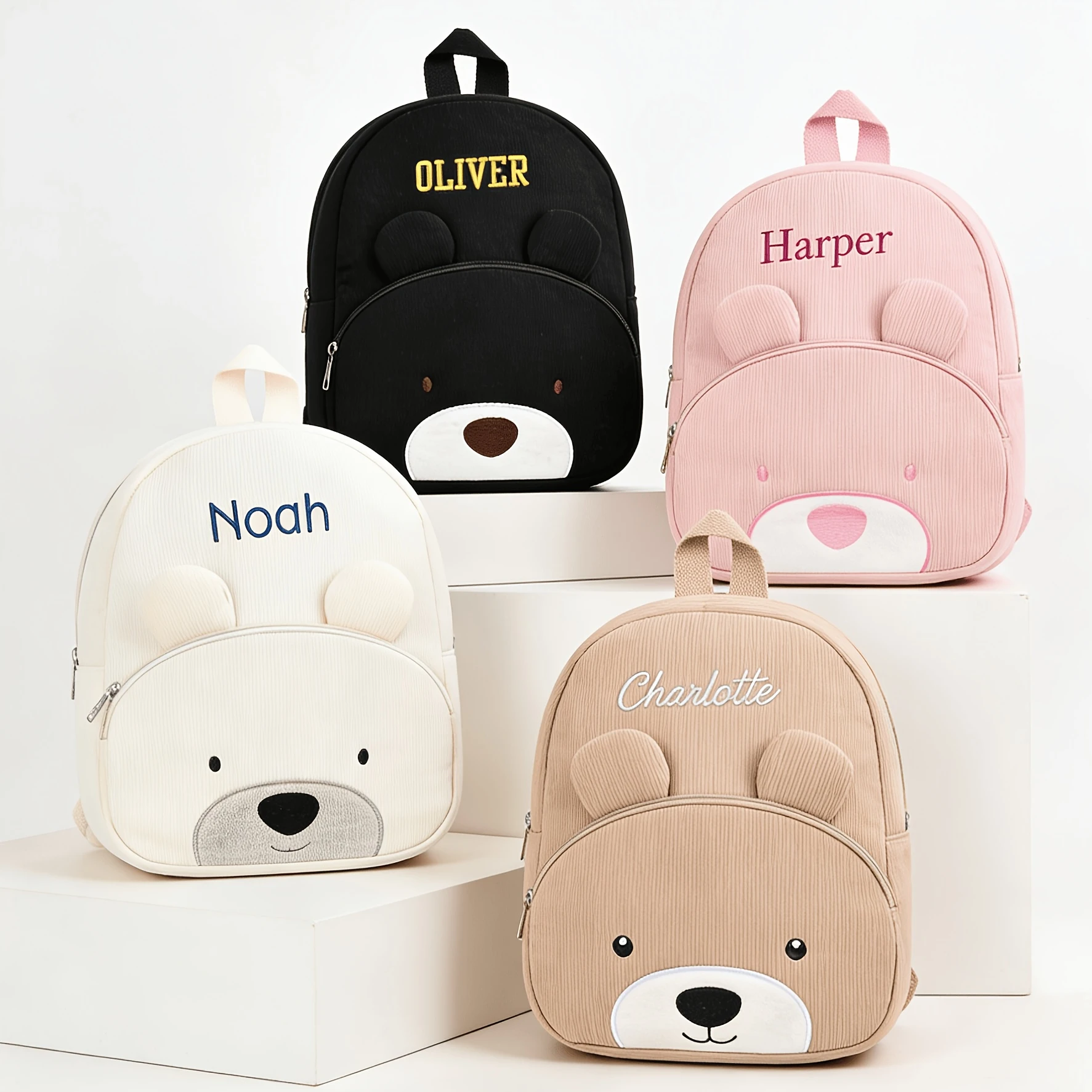 Personalized Name Toddler Backpack, Embroidered Cartoon Bear Corduroy Bag Large Capacity School Season Plush Backpack for Kids
