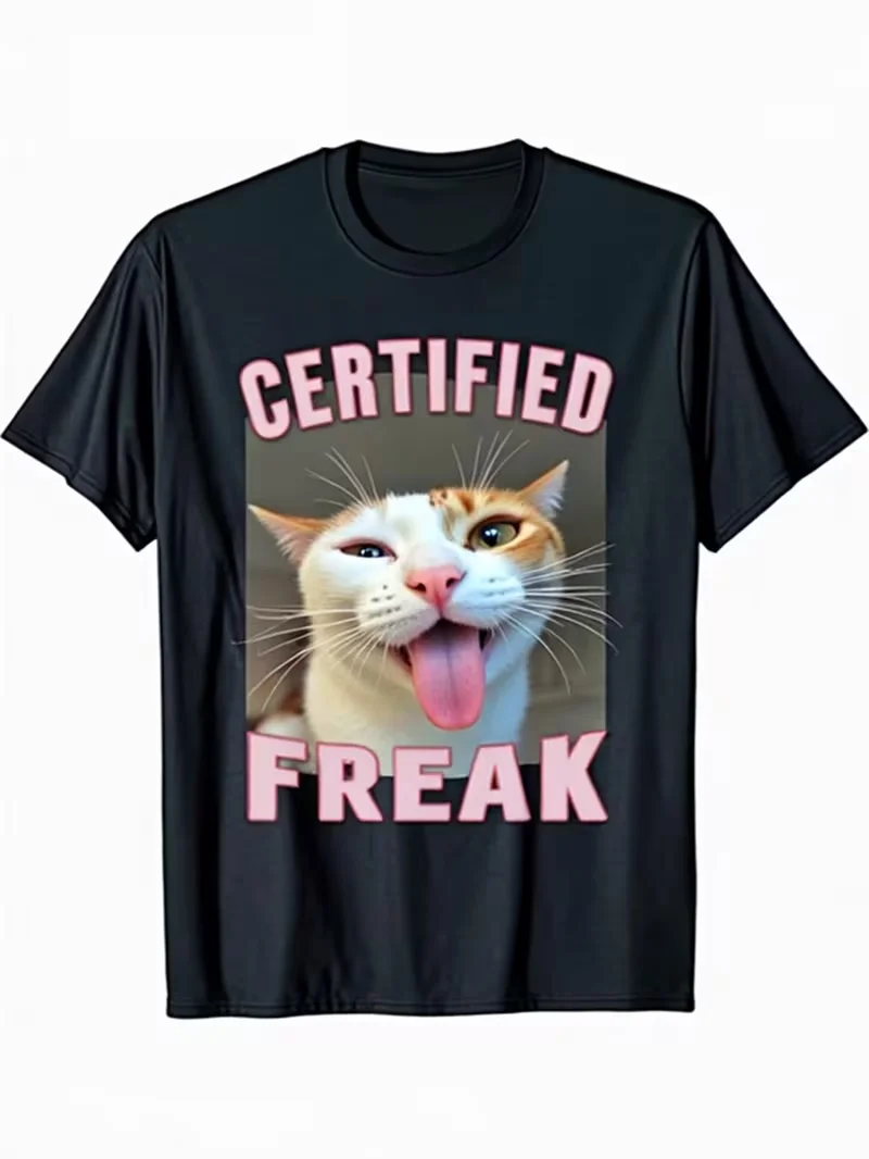 Funny Certified Freak Cat Meme T-Shirt Humorous Graphic Top for Everyday Party Wear Cat Tshirt Casual Wear Party Apparel