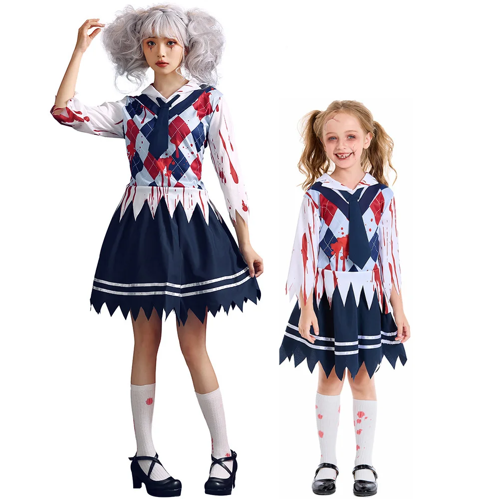 Bloodstained Student School Uniform Set for Women and Girls Halloween Cosplay Costume Scary Bloody Zombie Dress Vampire Costume