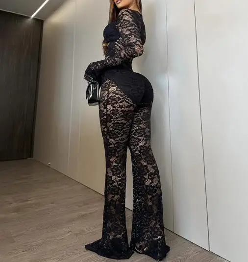 

Women's Jumpsuit 2026 Spring and Summer Sexy New Style Lace Splicing Hollow Metal Ring Decoration Tight See Through Jumpsuit
