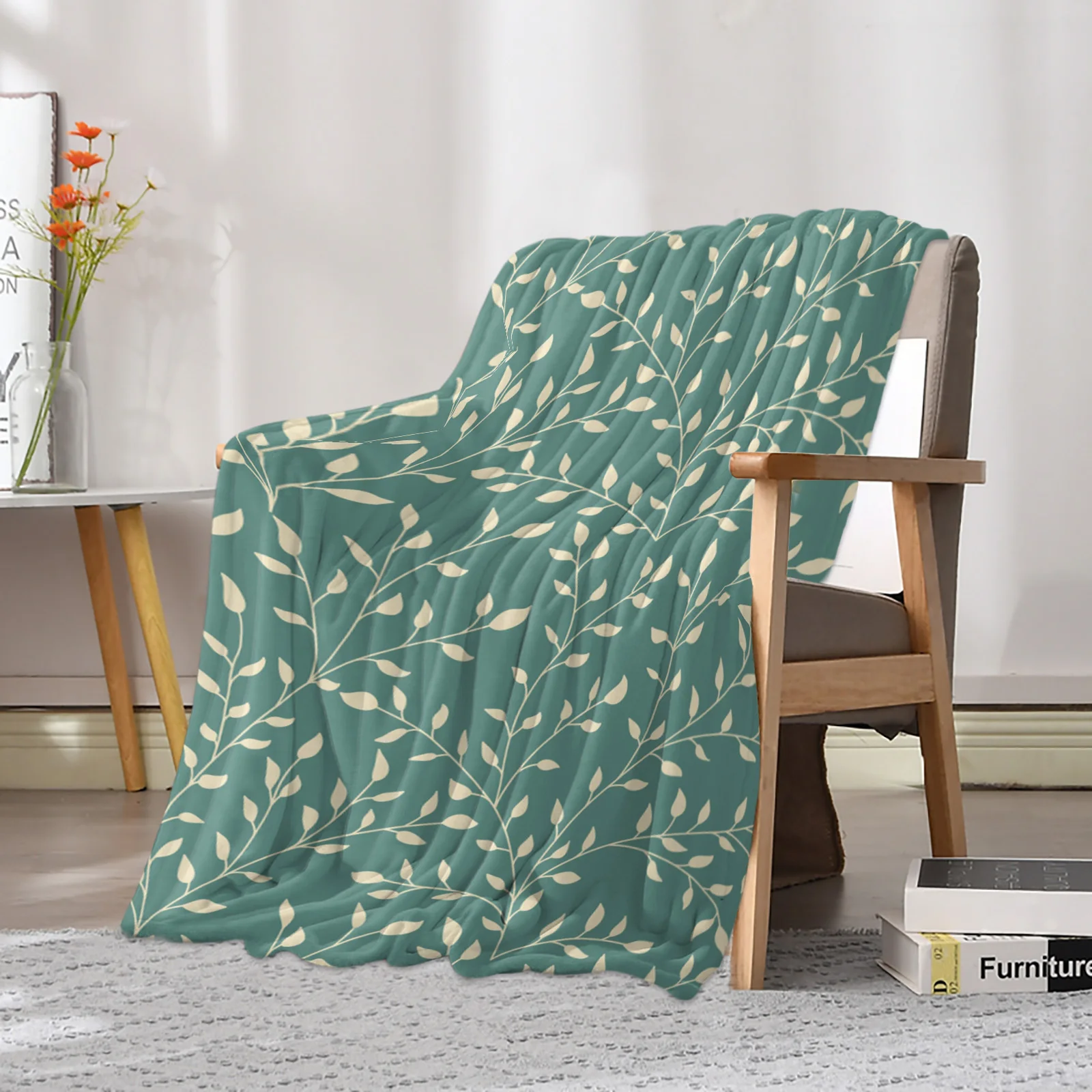 Plant Fresh Foliage Beige Green Printed Throw Blanket Flannel Fleece Blankets Soft Throws for Sofa Couch Bed Bedroom Bedspread