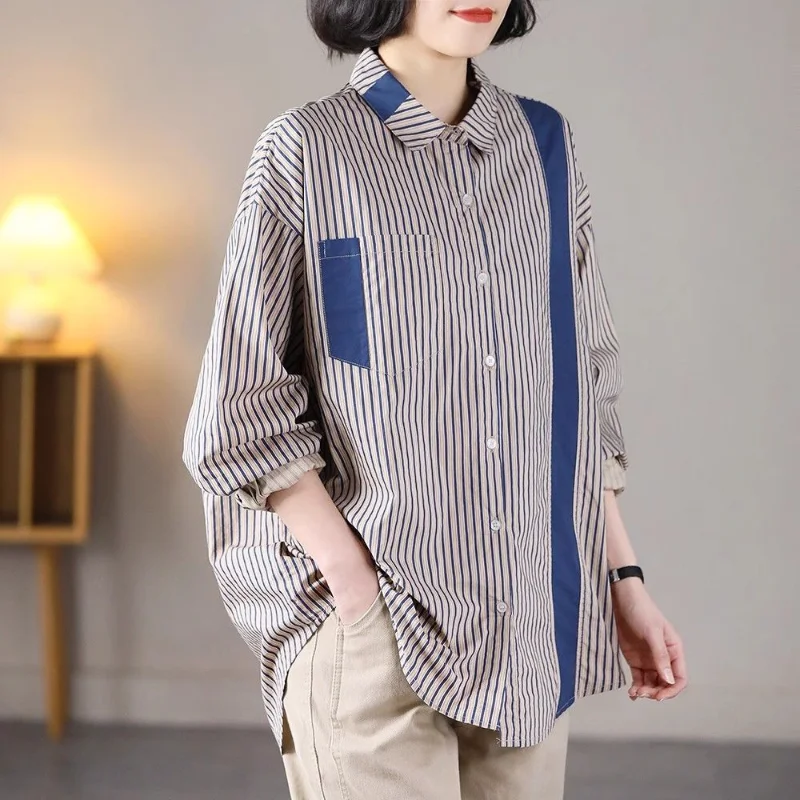 Camisas de ropa de mujer Camisas de botones de tendencia versátiles de moda de otoño a rayas versátiles de manga larga