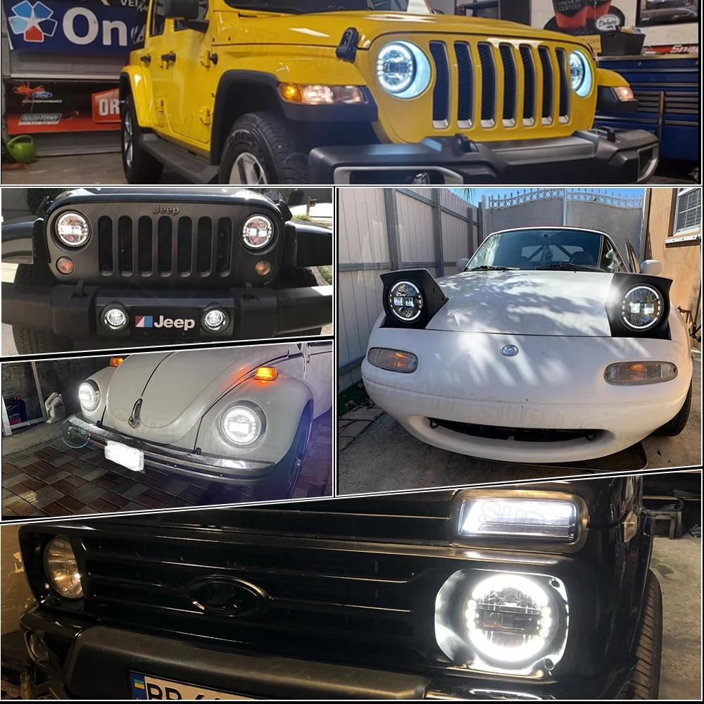 Zatwierdzony przez Emark 7 Cal reflektor LED H4 Hi-Lo wiązka z DRL dla Lada Niva 4x 4 Jeep Wrangler TJ JK JL Land Rover Defender Hummer