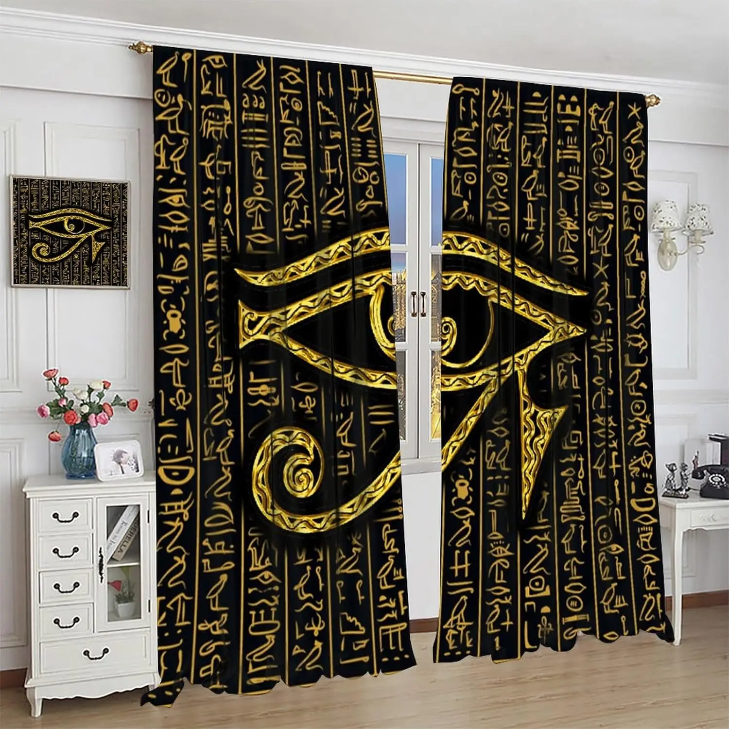 Ancient Egyptian Curtains, Egyptian Eye of Horus Ancient Vintage Golden Egyptian Hieroglyphs Print Window Treatments for Living