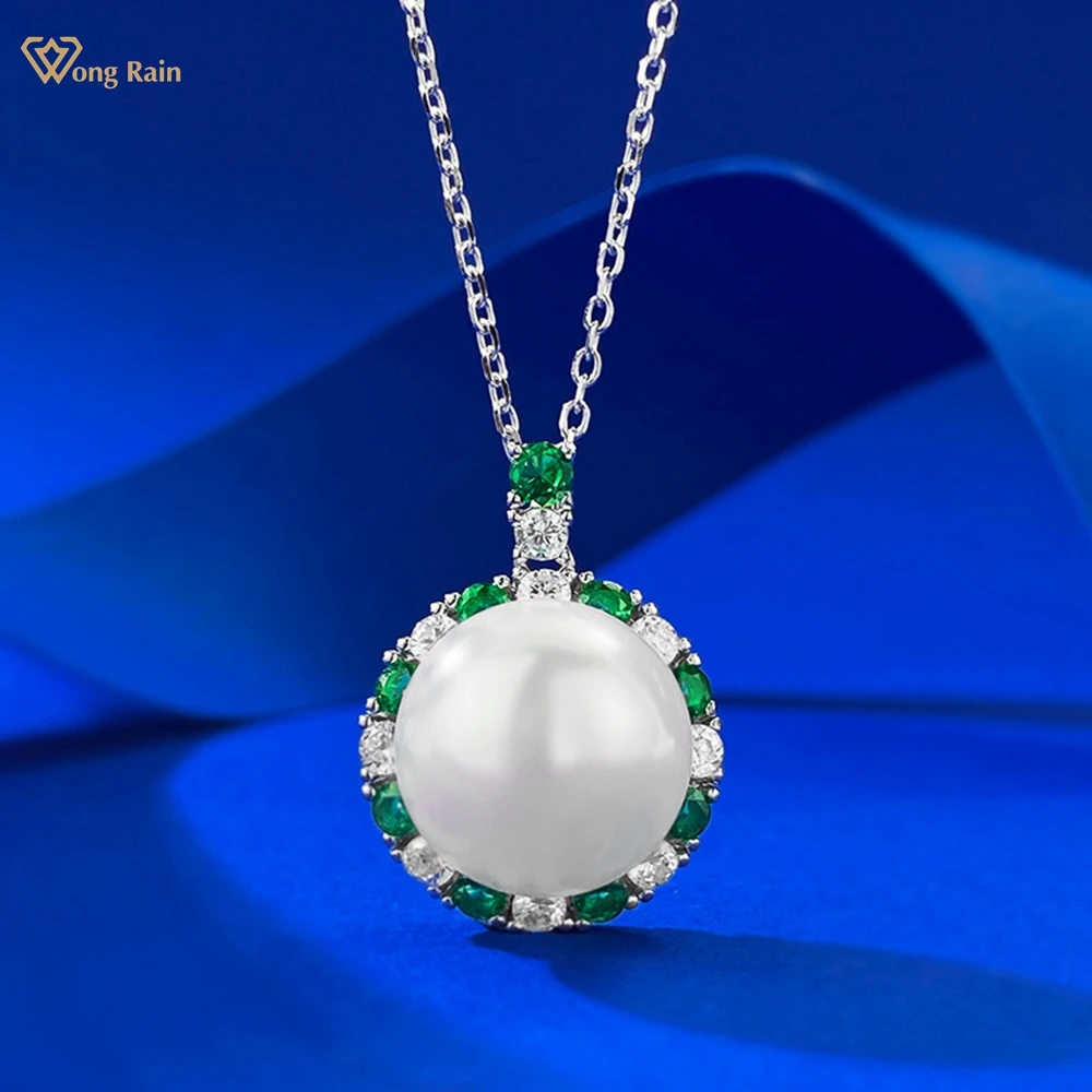 

Wong Rain Elegance 100% 925 Sterling Silver 12MM Pearl Lab Sapphire Emerald Gemstone Pendant Necklace for Women Fine Jewelry