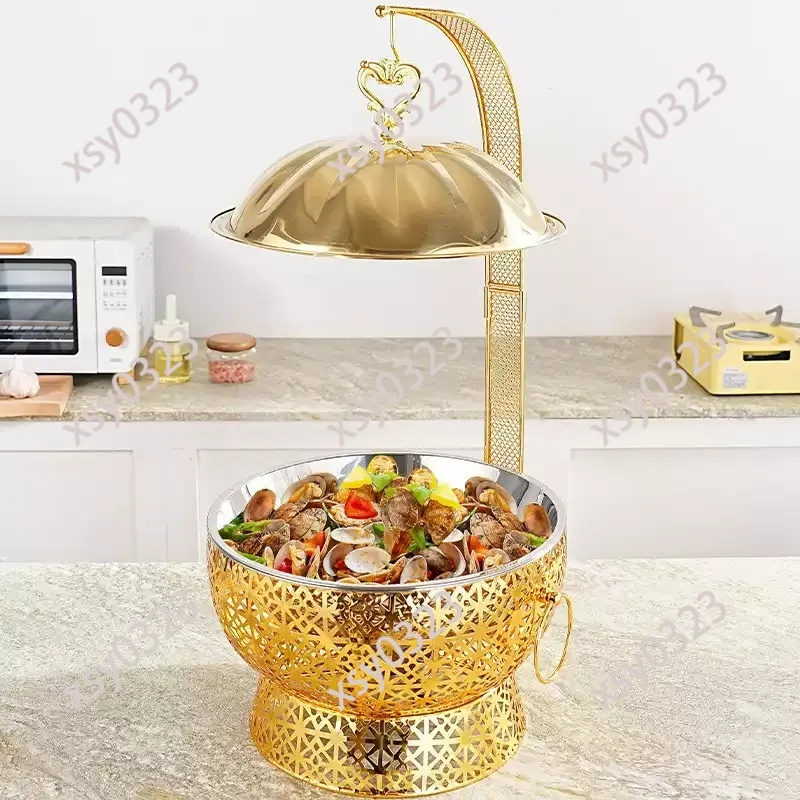 Golden Stainless Steel Chafing Dish, Hanging Lid Food Warmer for Hotel Restaurant