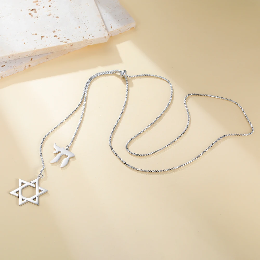 Dawapara Davidstern und jüdischer hebräischer Chai-Anhänger, lange Halskette, Pulloverkette, Hexagramm, Judentum, Edelstahlschmuck – Detail 10