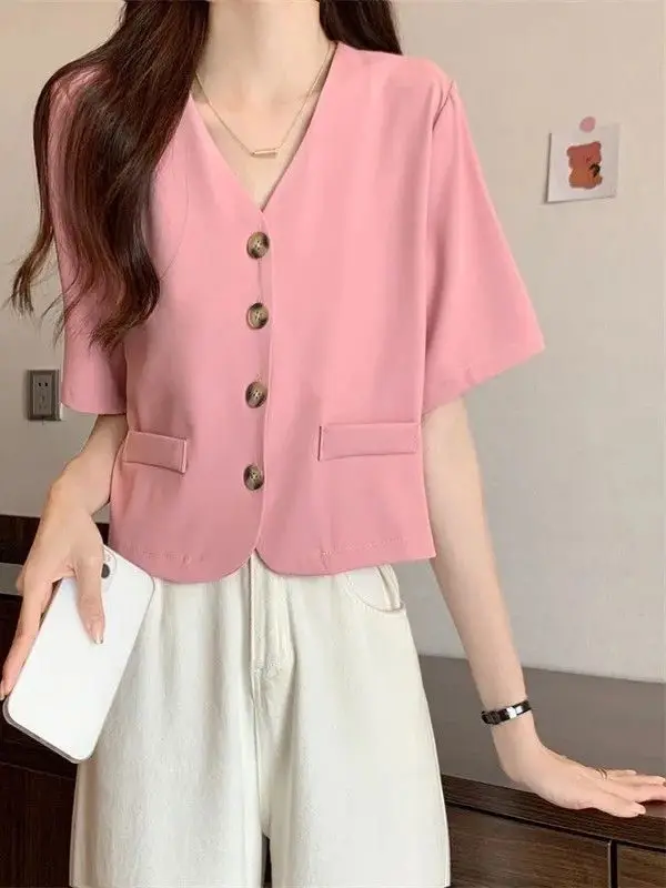 

Korean Sle ort Sve V-Ne Single Button Cardigan Women's irt Summer 2025 New Faion Slim Fit Casual Busin Wear