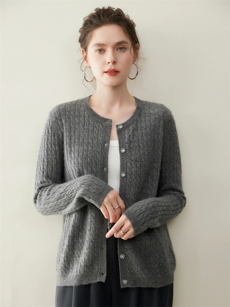 شيك س الرقبة زر الملتوية كابل سترة الخريف الشتاء المرأة نعمة مكتب سيدة سترة مشغولة من الصوف الفاخرة 100% الكشمير بلوزات جديدة