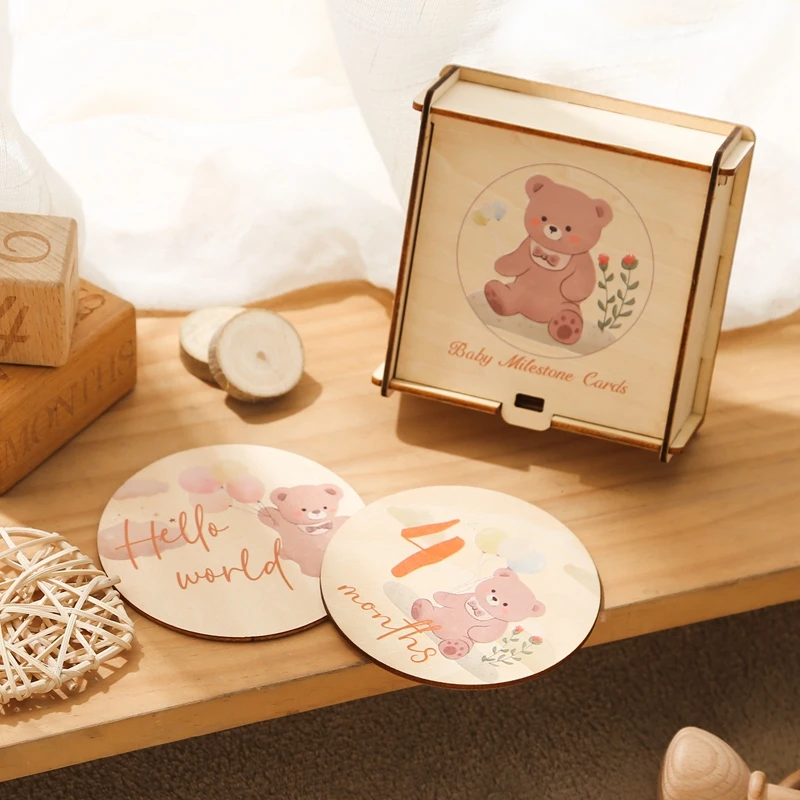 

1 Set Newborn Milestone Cards Cartoon Bear Pattern Growing Up Souvenir Box Baby Photography Accessories Newborn Memorialize Gift