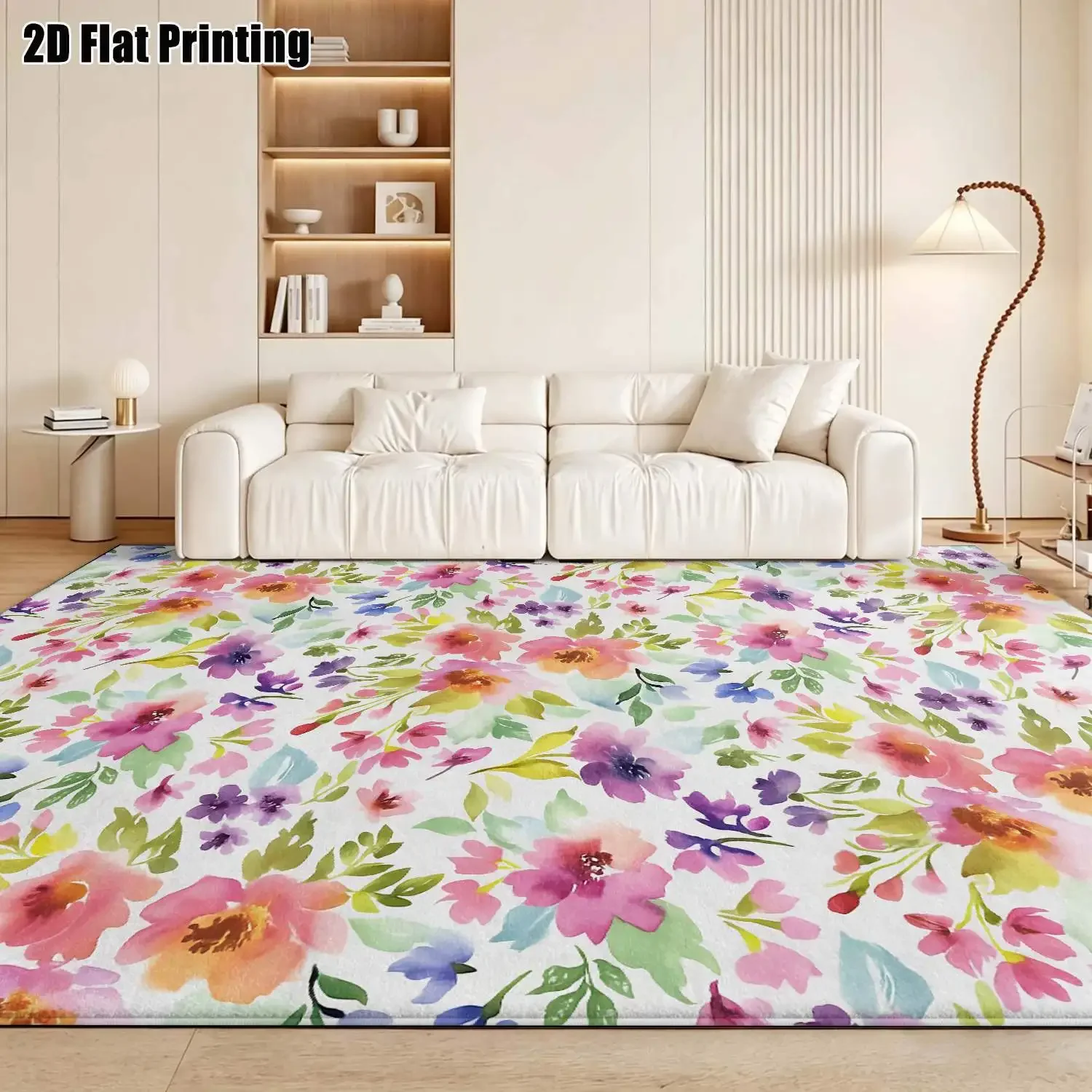 1Pc 2D Printed Fresh Pink Purple Flower Nordic/Bohemian Modern Minimalist Carpet, Machine Washable Multi-Size Floor Mat for Home
