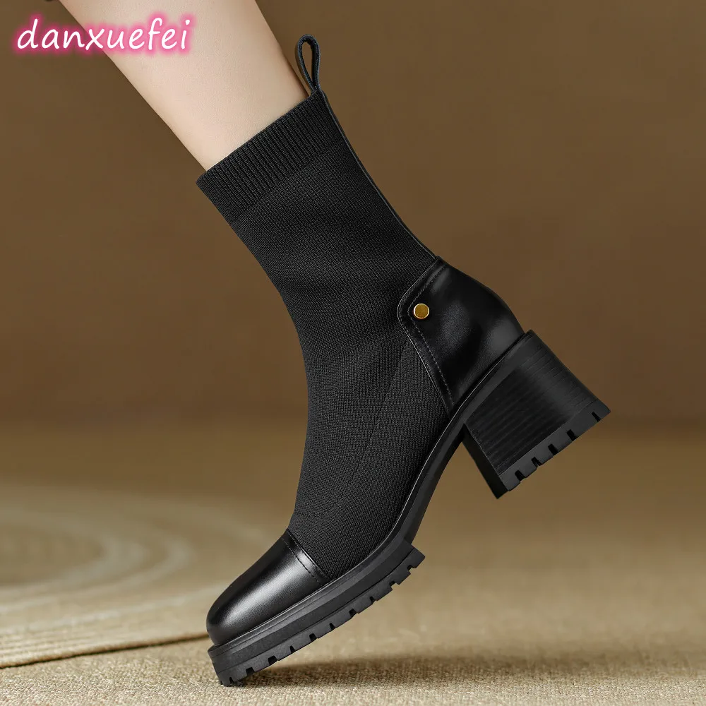 

danxuefei women's genuine leather stretch knit patchwork chunky heel platform slip-on autumn ankle boots casual female slim shoe