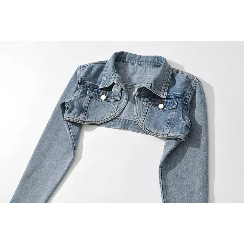 American Spice Girl Wind Super Short Denim Jacket Women's Spring High Waist Shawl Design Sense Niche Retro Top Exquisite Simple