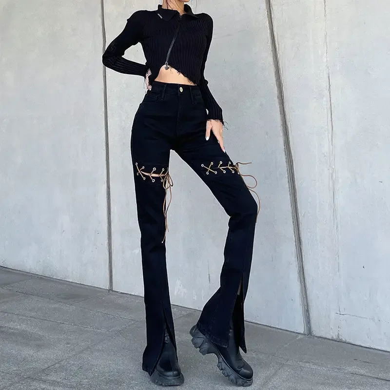 Black Womens Jeans with Slits High Waist Shot Flared Pants for Women Bell Bottom Flare Trousers Vibrant 2024 Korean Style Medium