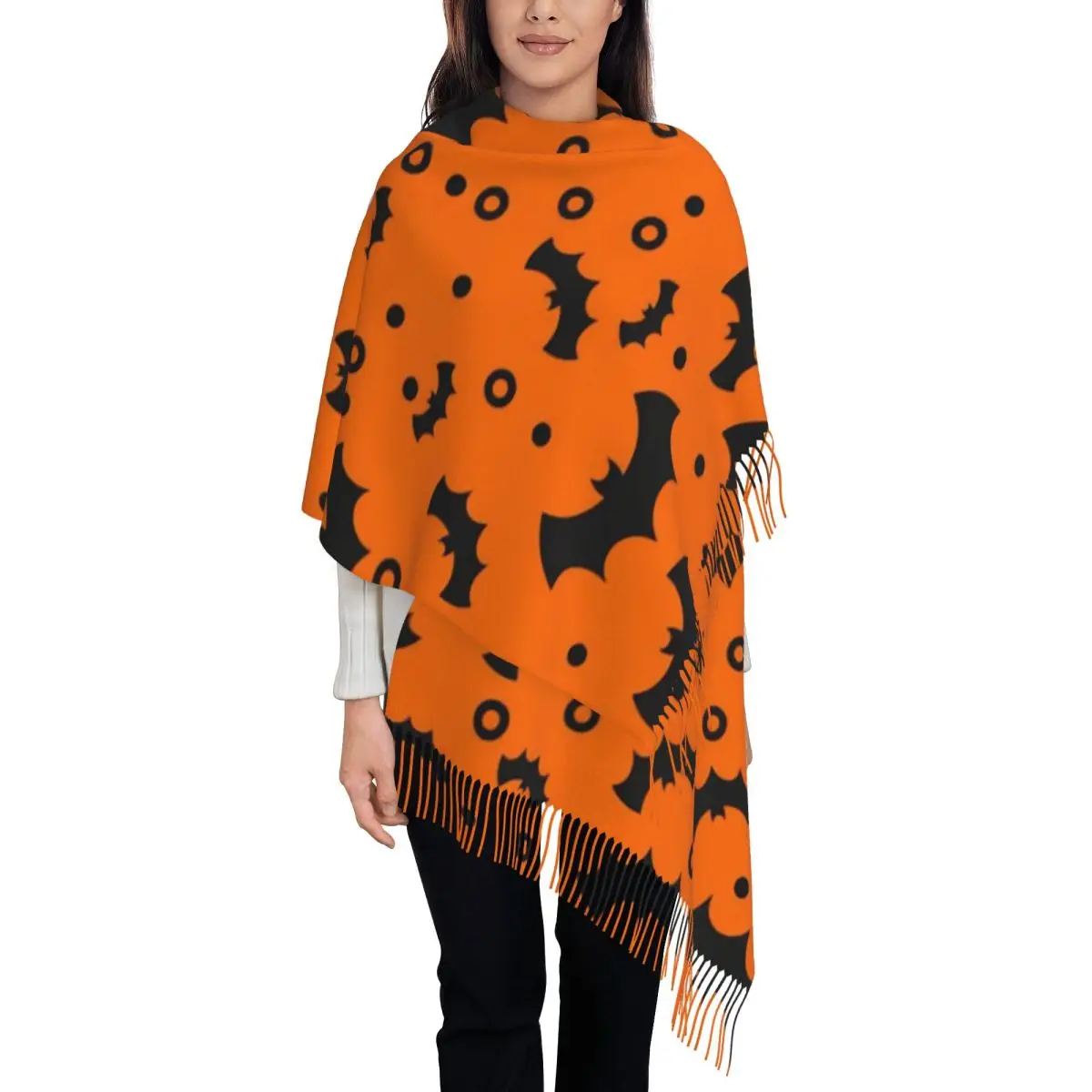 Womens Tassel Scarf Halloween Single-sided Pattern Winter Fall Shawl and Wrap Bats Ghost Spooky Gifts Pashmina Scarves