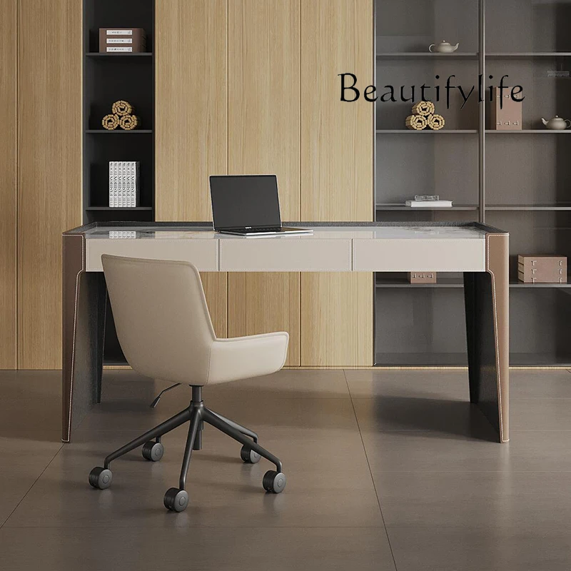 Italian minimalist saddle leather rock slab desk modern minimalist study table household computer desk