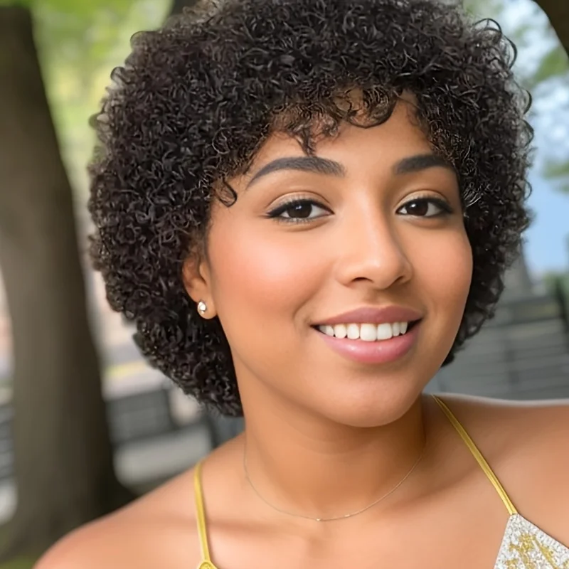 짧은 아프로 곱슬 가발 인모 곱슬 웨이브 가발 여성용 풀머신 가발