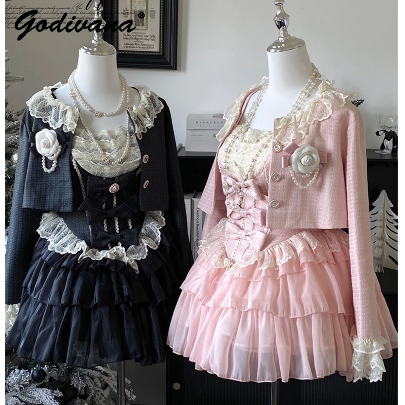 Classic Autumn New Ladies Princess Dress Set Lolita Sweet Short Jacket Coat Spaghetti Strap Cake Dress Two Piece Set Outfits