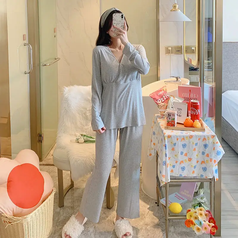 Breastfeeding Clothes Set Spring Thin Long sleeved Pants with Chest Mat Pajamas Pregnant Women  Postpartum Nursing Pajamas