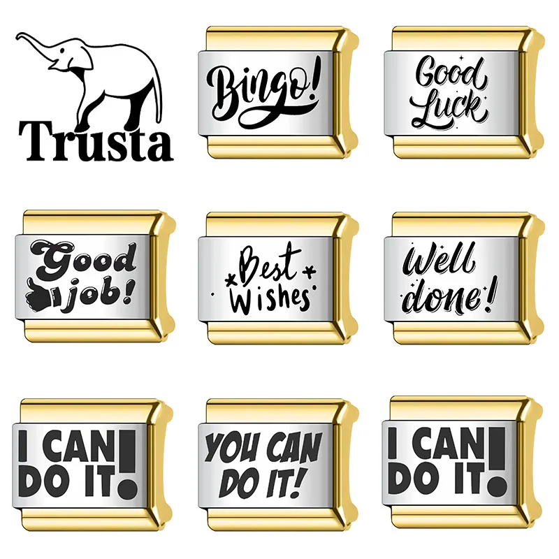 Trusta 2026 Fashion Best Wishes Well done Rock Gold Color Итальянские подвески-звенья подходят для браслета из нержавеющей стали 9 мм DIY Изготовление N540