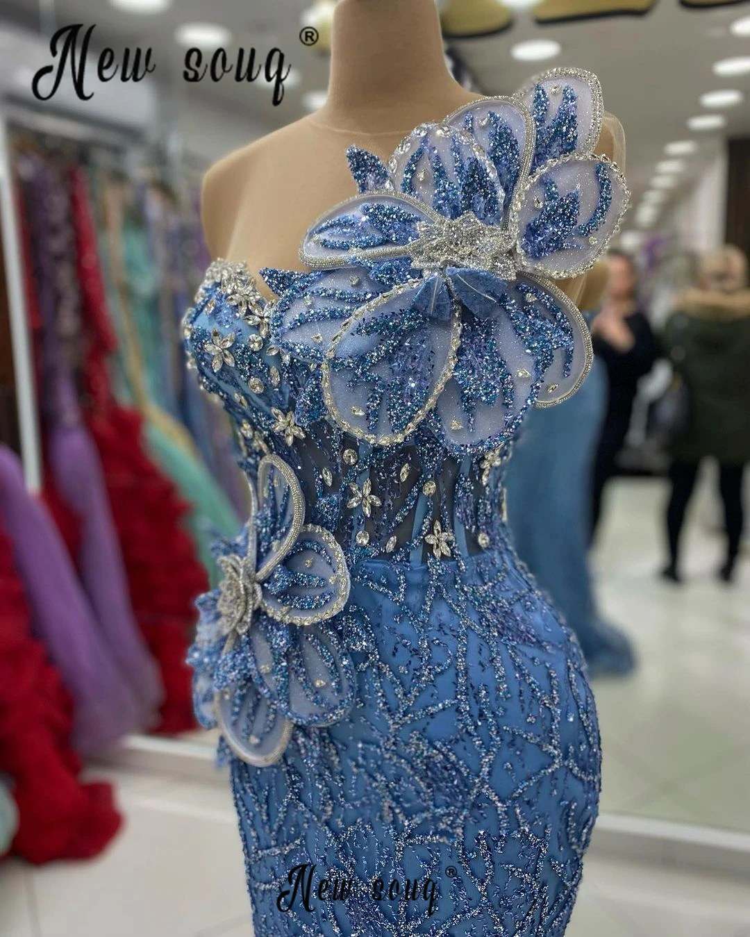 Glitter Blue Beading Celebrity Dresses Dubai One Shoulder Vestido De Noiva Luxury 2024 Mermaid Fashion Gala Dress Occasion Dress