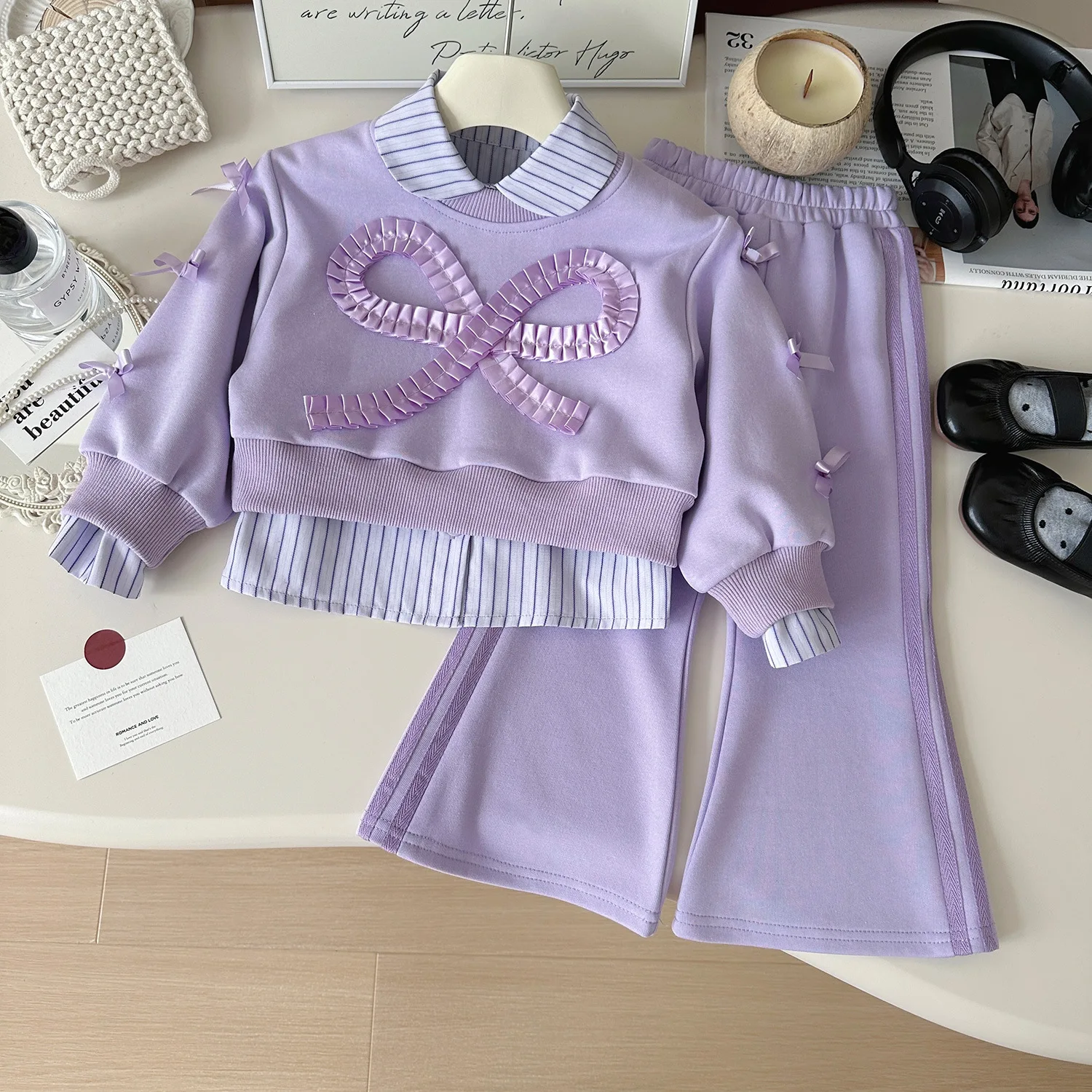 2024 Autumn New Korean Version of Girls Purple Long-sleeved Top Pants Striped Shirt Three-piece Set 90-140cm