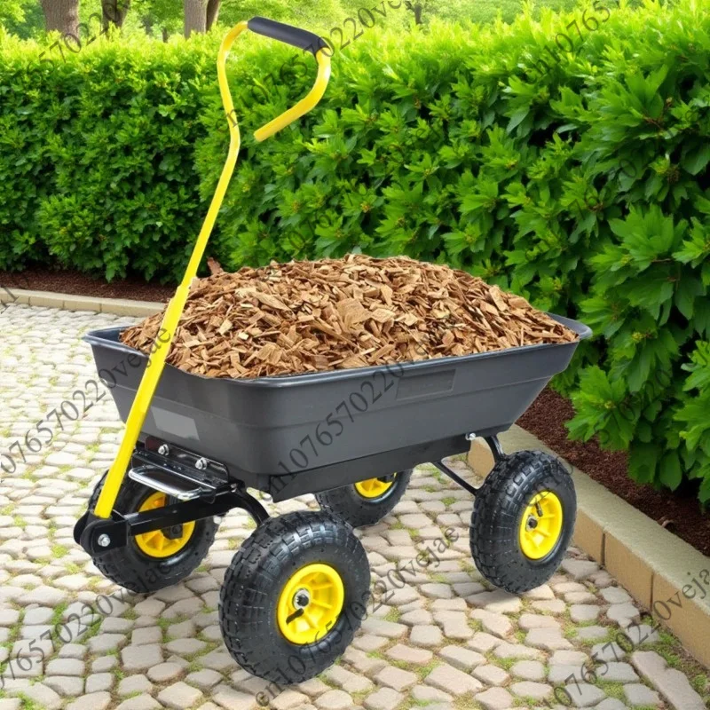 Outdoor Multifunctional Hand Cart, 4 Wheels Farm Transport Trolley, Metal Dump Cart Garden Construction Site Farm Utility Wagon