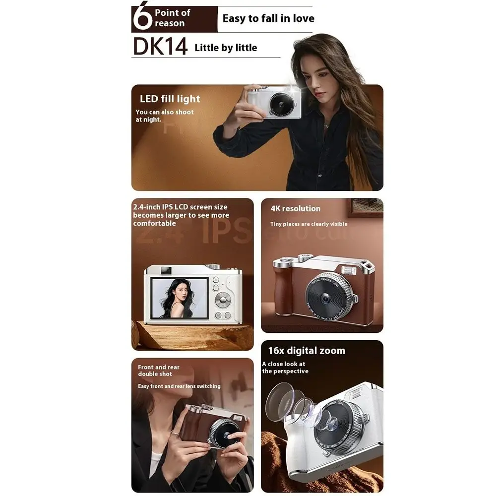 Front/Rear Dual Camera 4K HD Digital Camera 16x Zoom 2.4 Inch Screen Entry-Level CCD Camera Rechargeable Autofocus